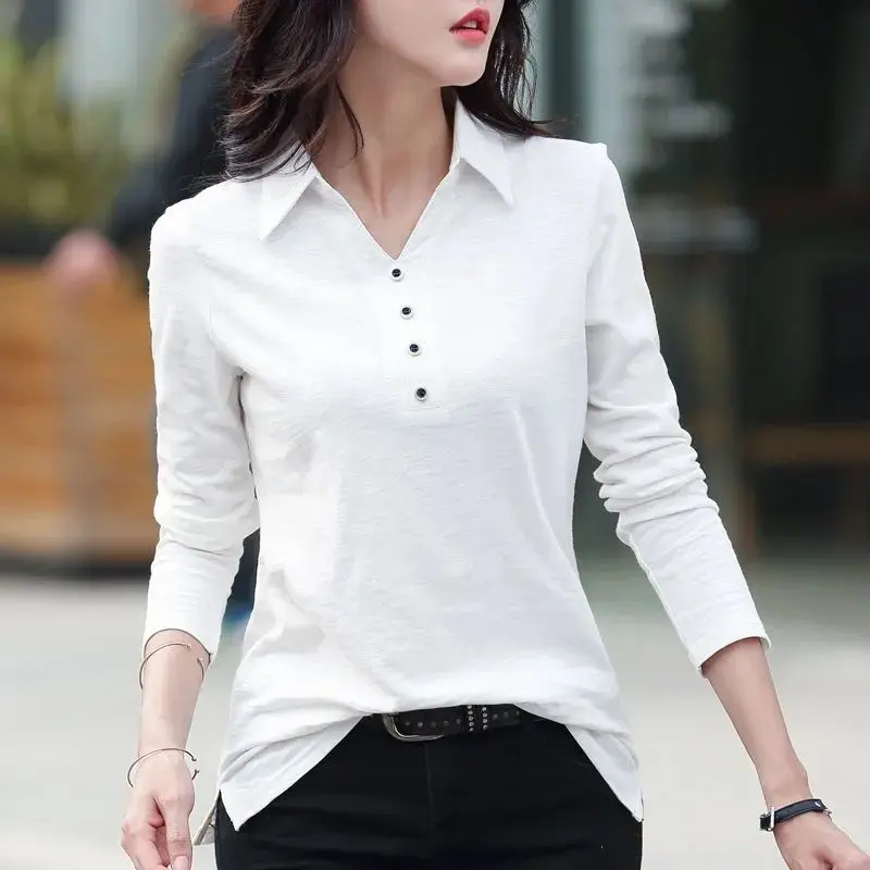 HI-FASHION Women Autumn Cotton Button T-Shirt Korean Harajuku Lapel Office Long Sleeve Female Plus Size Tops Tees Shirt