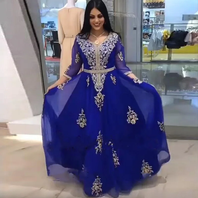 Lorie caftán marroquí Azul Real, vestidos de noche con mangas 3/4, apliques, plisado árabe, ocasiones especiales, vestidos de fiesta formales musulmanes