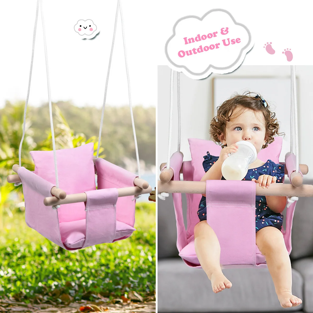 Baby Canvas Opknoping Swing W/Katoen Thuis Outdoor Hangmat Speelgoed Voor Peuter Roze