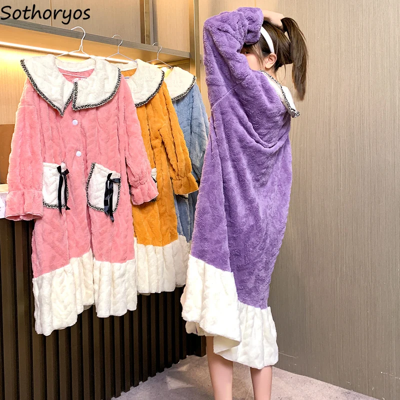 

Women Flannel Robes Sweet Candy Colors Princess Thicken Winter Sleepwear Cute Long Sleeve Over Knees Bathrobe Lounge Wear Warm