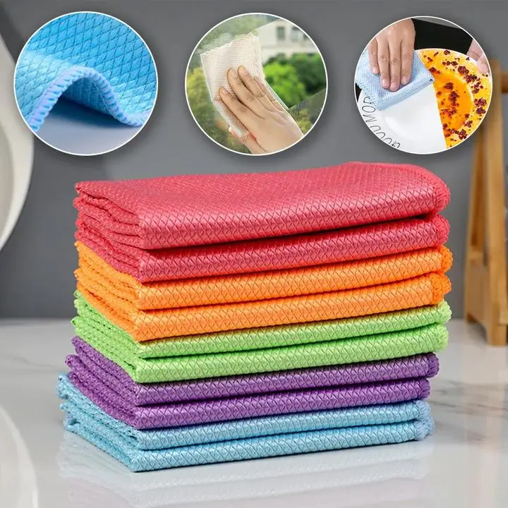 

5pcs/10pcs Wave Pattern Fish Scale Cloth Rag Reusable Nano-Streak-Free Miracle Cleaning Cloths For Windows Cars Kitchen Mirrors