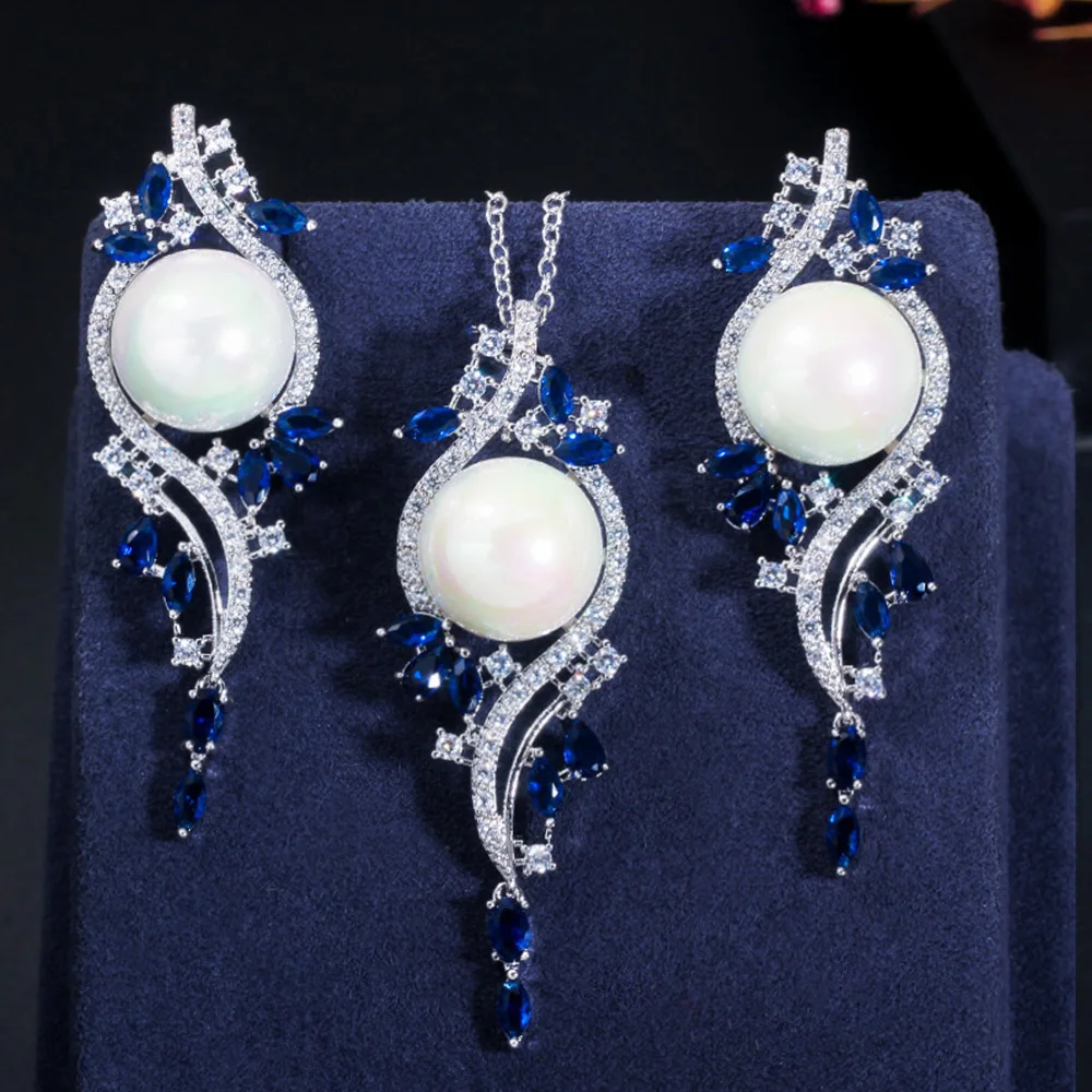 ThreeGraces Elegant Blue CZ Zircon Long Simulated Pearl Dangle Earrings Necklace Pendant Engagement Jewelry Set for Women JS618