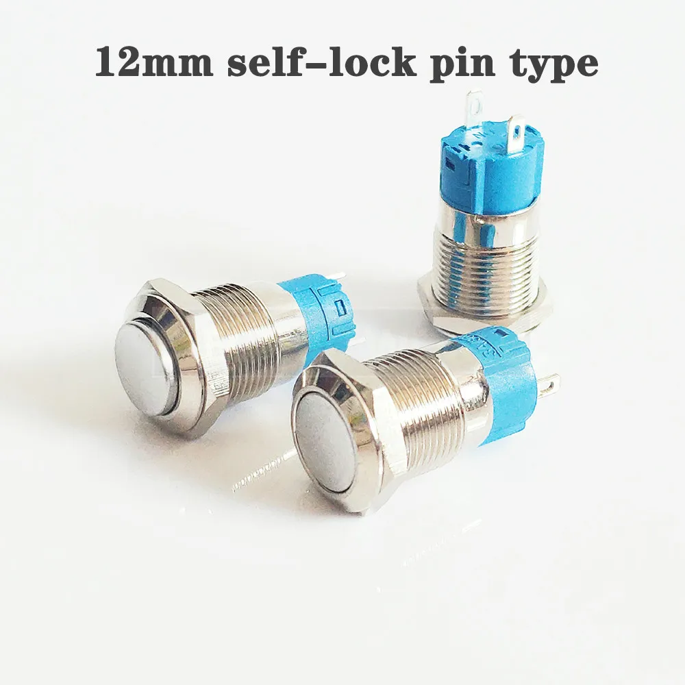 Interruptor de botón de Metal de 12mm y 16mm, 2 pines, 2 tornillos, sin luz, interruptor impermeable momentáneo, botón de encendido de autoenganche
