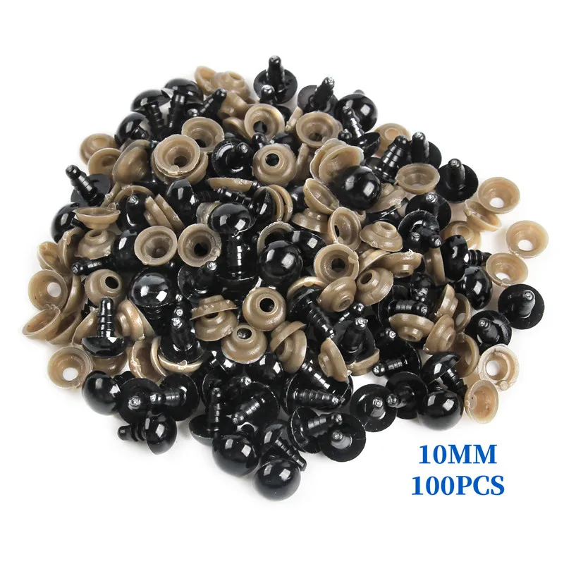 Ojos de seguridad de plástico negro para muñecas, Ojos de piezas para juguetes de 6mm, 8mm, 9mm, 10mm, 12mm y 14mm, 100