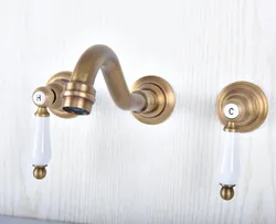 Retro Vintage Antique Brass Two Handle Wall Mount 3 Hole Widespread Bathroom Lavatory Vessel Basin Faucet Sink Mixer Tap dsf509