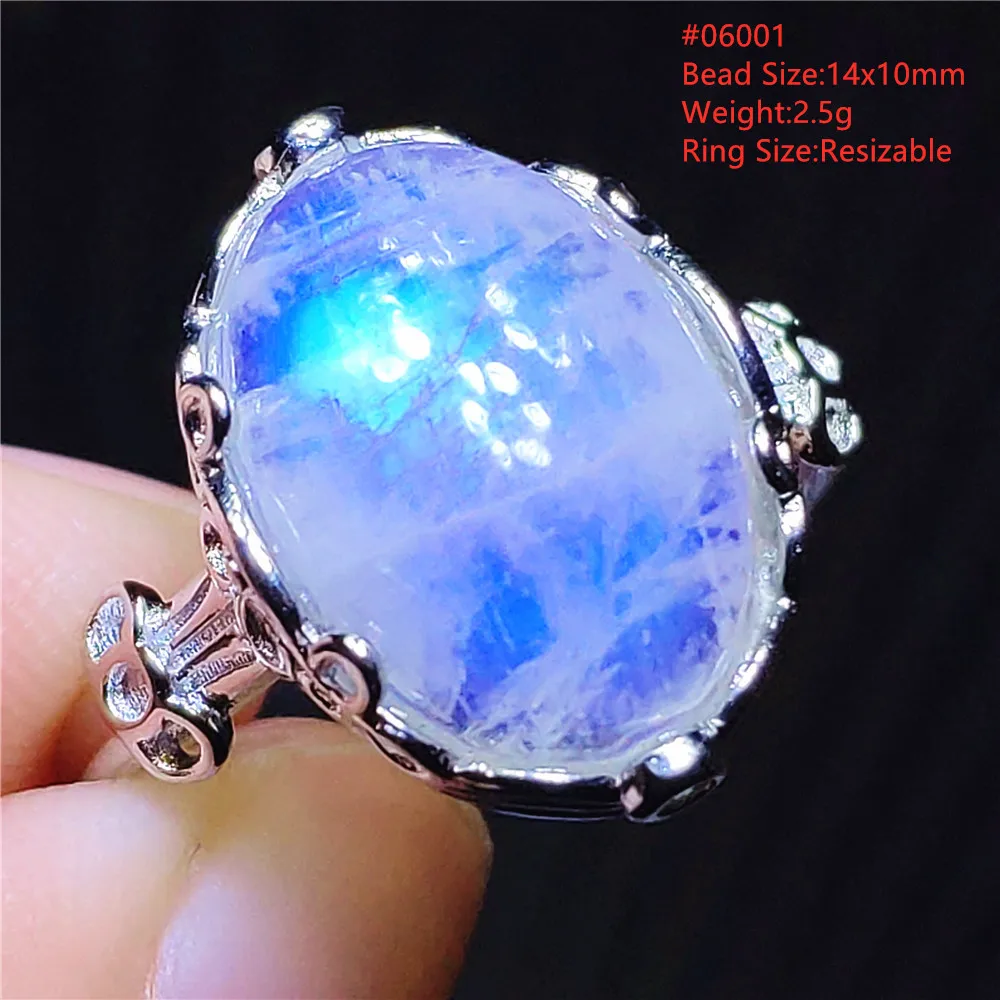 Natural Moonstone Blue Light Adjustable Ring Woman Crystal 14x10mm Oval 925 Sterling Silver Moonstone Beads Stone AAAAA