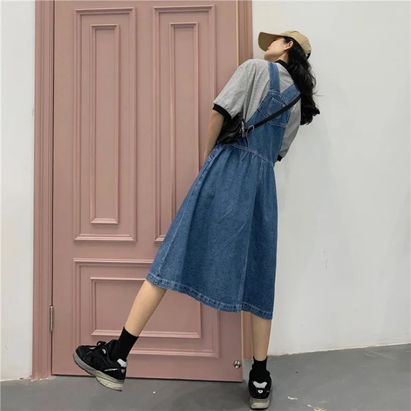 

Women Vintage Straps Mid Calf Long Denim Dress Preppy Style Student Girls Suspenders Loose Fit Jeans Dress Harajuku Vestidos