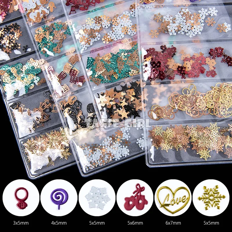 

600PCS/Pack Colorful X'mas Sequins Snowflake Love Gift Bell Star Metallic Nail Paillette Brone Back Nail Art Slice Decoration