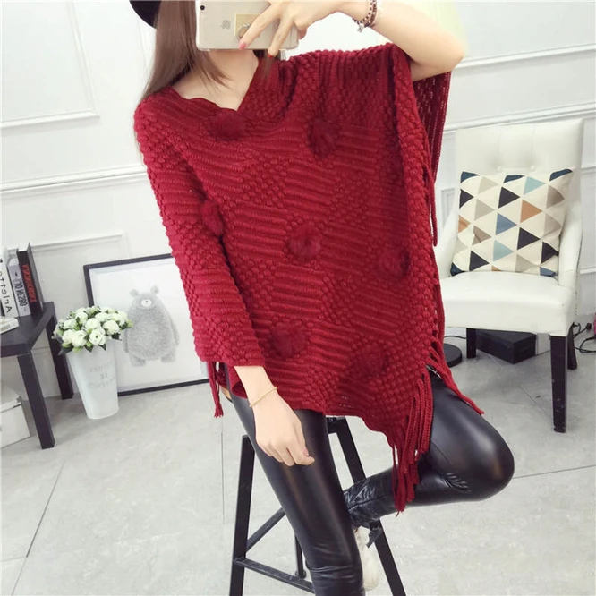 Spring Autumn Tassel Shawl Female Cloak Wool Ball Sweater Coat Loose V-neck Girl Warm Fashion Leisure Black Shawl Wrap Sweater