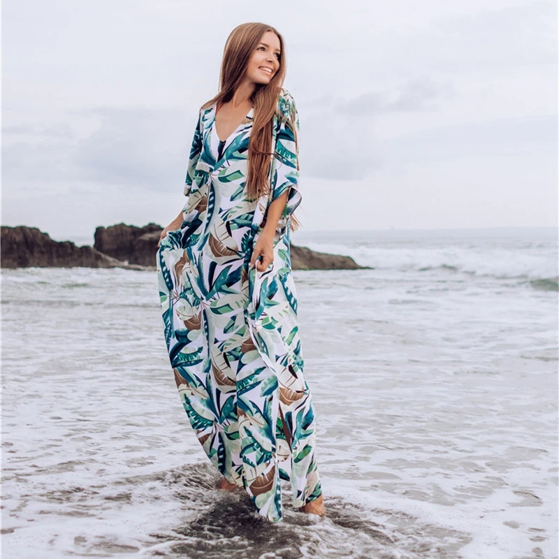 Greek Caftan Oversized Leaf pattern Long dress Bohemian Beach swimsuits coverup Kaftan Batwing loose comfy cotton Oasis tropical