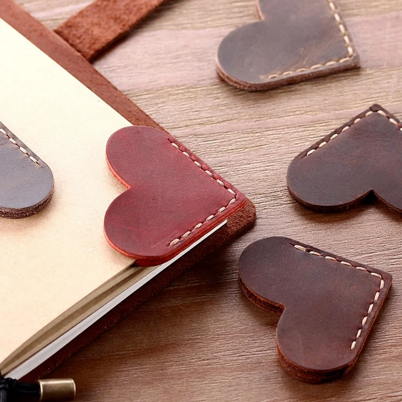 Retro Leather Bookmarks First Layer Cowhide Hand Stitched Heart Shaped Creative Stationery Bookmarks High Quality Teacher Gifts