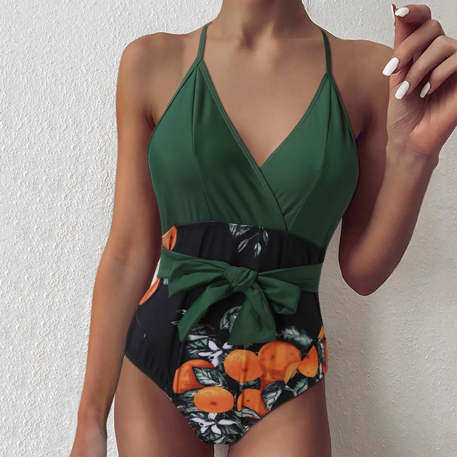 

Women Splicing One Piece Swimsuit 2021 Green Flower Print Boho Splicing High Cut Swimsuit Women Swimwear Female Bathing Suit#g30