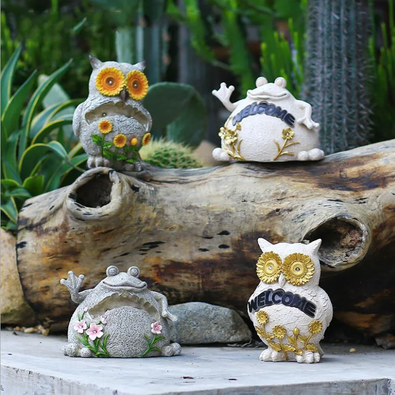 

Park Garden Owl Frog Solar Light Welcome Sign Resin Statue Outdoor Sculpture Crafts Villa Lawn Courtyard Furnishing Decoration