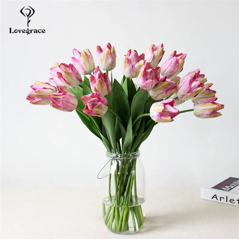 Simulasi 3D Pu Tulip Flores Single Cabang Palsu Bunga Cabang Pernikahan Arch Pintu Meja DIY Dekorasi Rumah Bunga Tulip Buatan