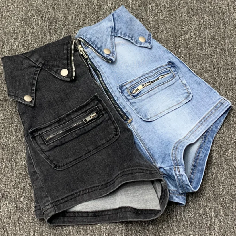 

2022 summer fashion High-waisted denim shorts women skinny casual package hip high zip tight elastic jeans shorts