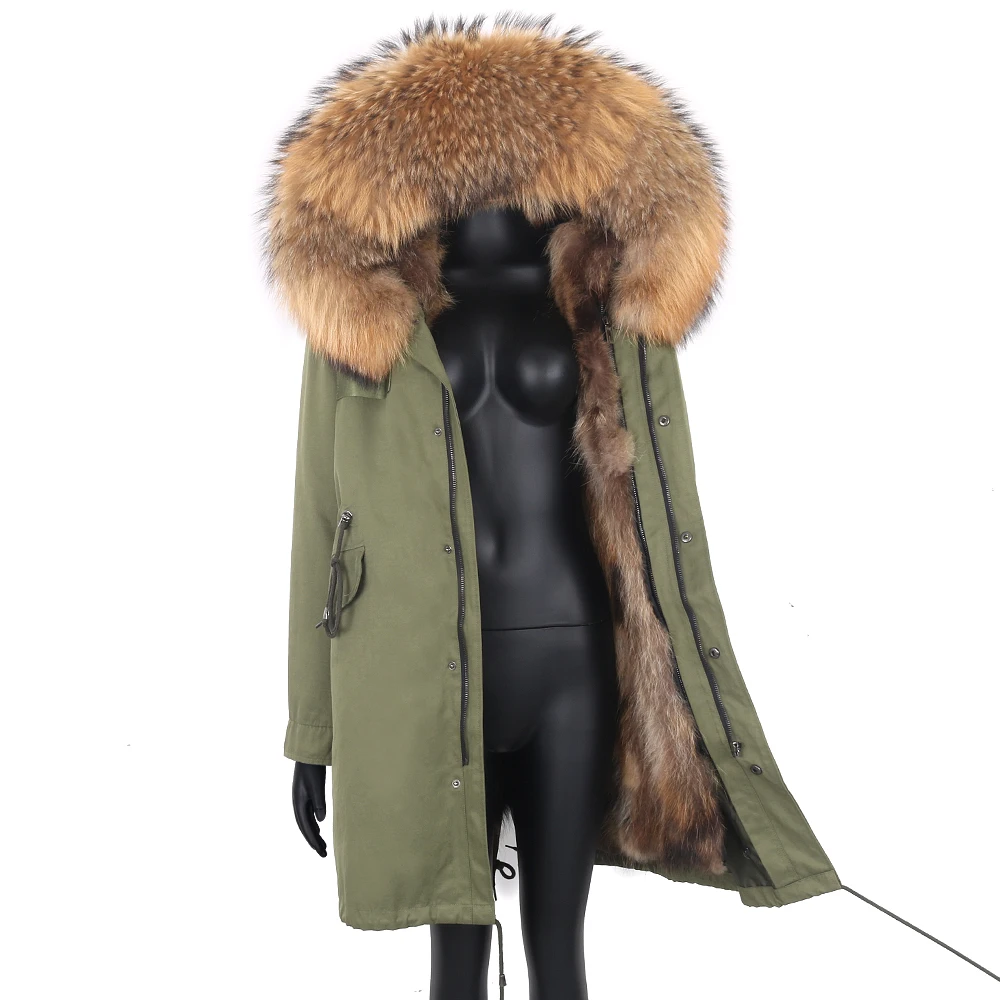 

Women Winter Coat Long with Detachable Fur Collar Waterproof Parka Fluffy Raccoon Fur Liner Thick Warm Overcoat