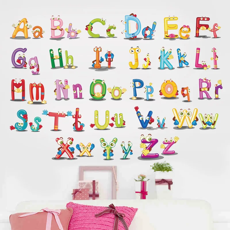 Cartoon wild jungle 26 letters alphabet animal wall stickers for rooms for kids home decoration children wall decal poster mural
