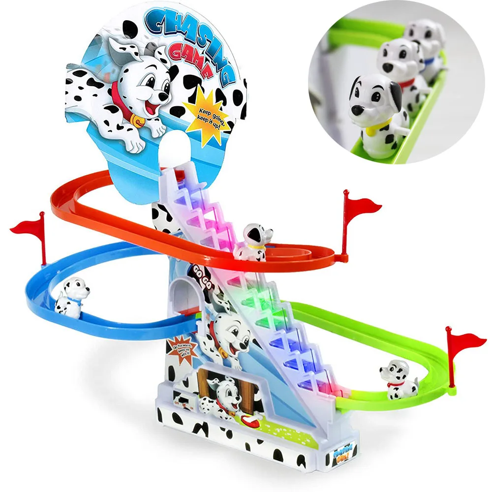 Electric Climb Stairs Track Toys Spotty Dog Penguin Chasing Playset Animal Roller Coaster Puppy Race Track Lights Music Toy Gift