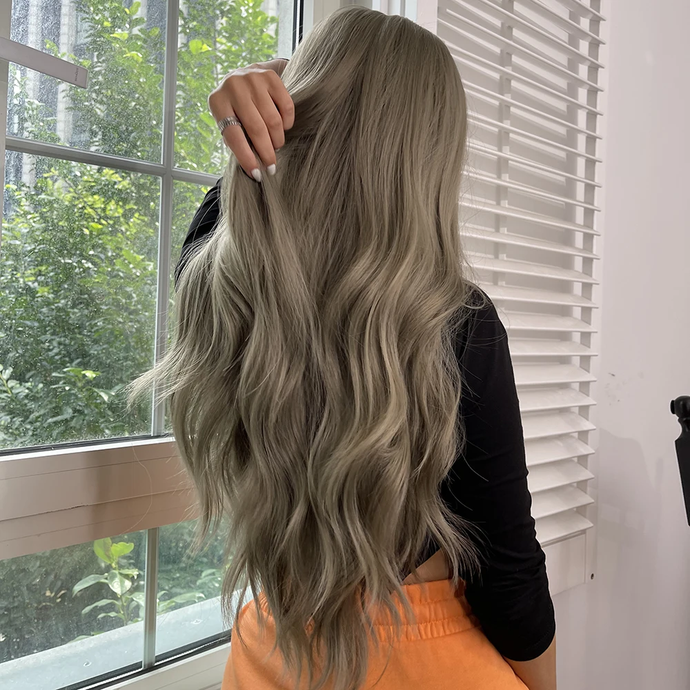 Element Long Body Wave Gray Green Synthetic Wigs for Women Natural Heat Resistant Hair Wig with Bangs Daily Cosplay LC6125-1