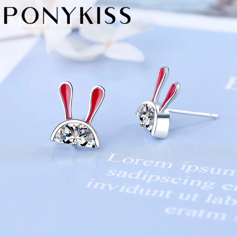 PONYKISS Chic 925 Sterling Silver Lonely Bunny Ears Moon Stud Earrings for Women Cute Birthday Party Fine Jewelry Drop Shipping