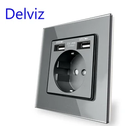 Delviz EU Standard USB Socket, 5V Double usb Household security charging interface,Tempered Crystal Panel, 16A Wall Power Outlet