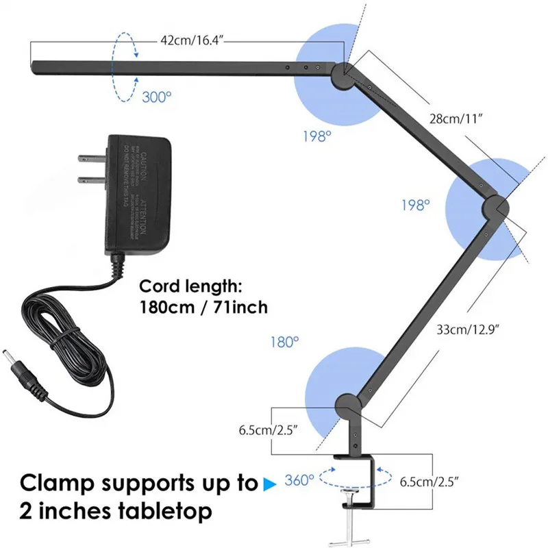 Artpad Stepless Dimmable LED Table Lamp Studying Room Office Adjustable Color Tempatures Black Clip-on Lamp Touch Control 9W