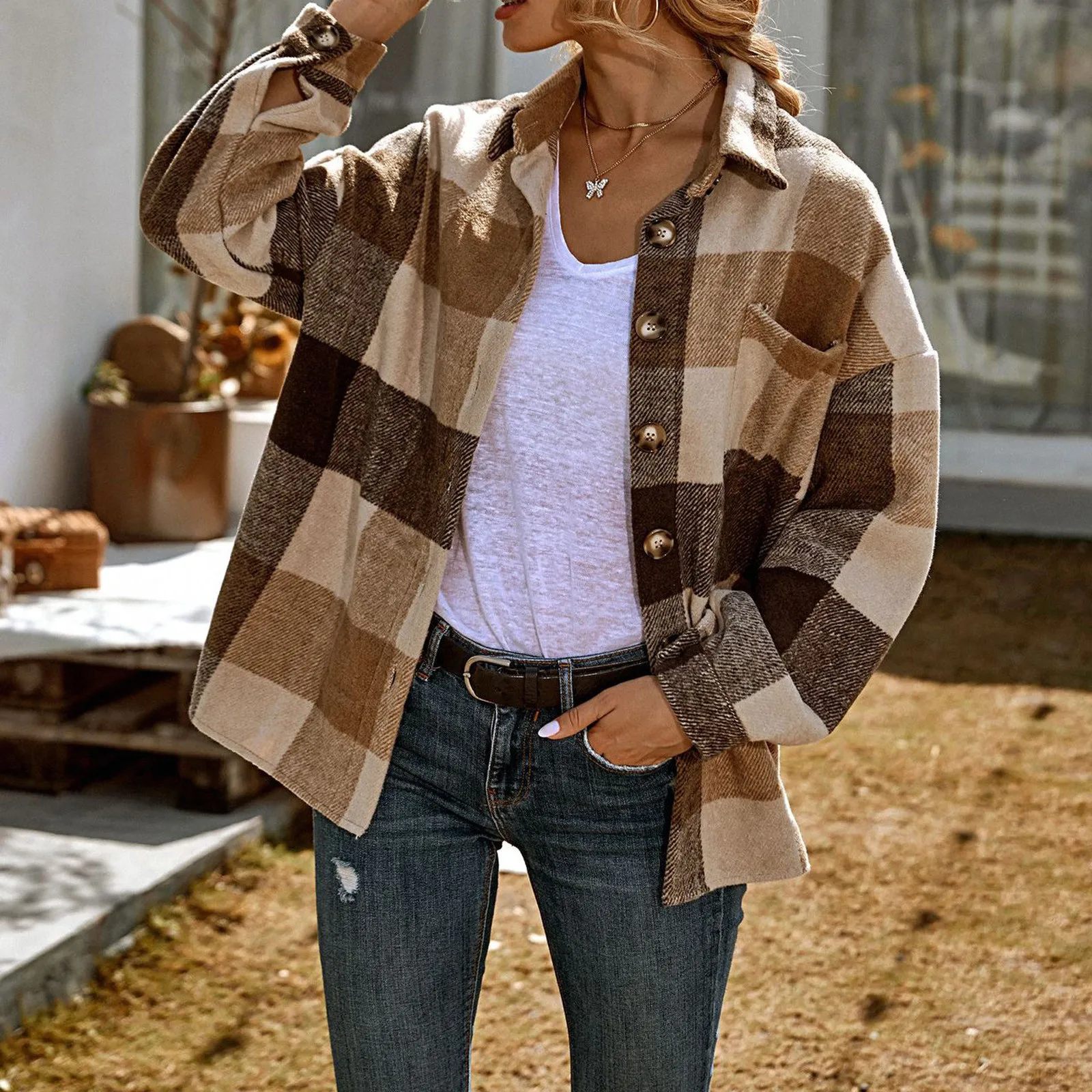 

Winter Jacket Womens Color Block Plaid Shirts Button Down Flannel Cardigan Long Sleeve Pockets Blouse Tops Coat Chaquetas