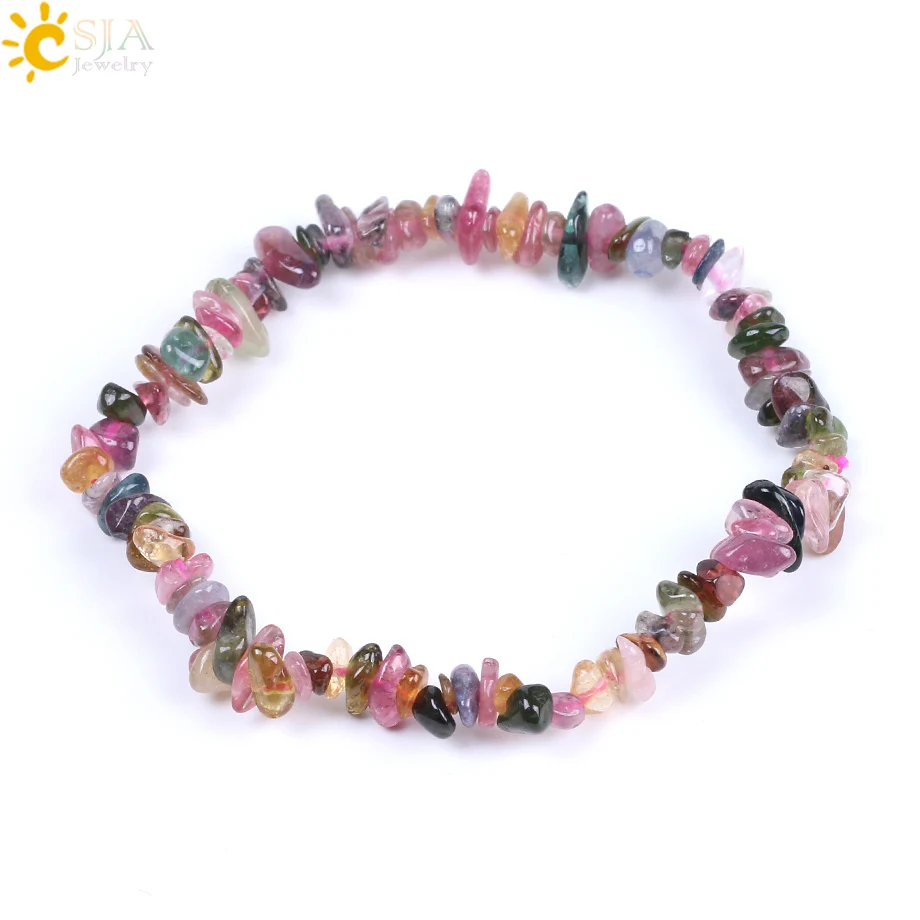 CSJA Black Pink Tourmaline Bracelet Colorful Natural Gem Stone Chip Beads Crystal Bracelets Lucky Energy Protection Jewelry F154