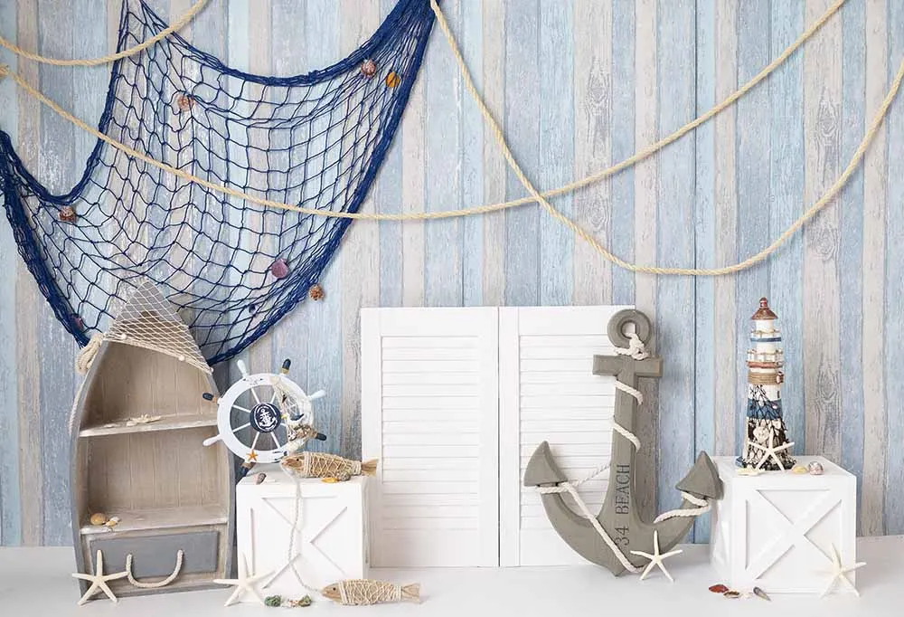 Sea Ship Fishing Net Wooden Board Photography Backdrops Baby Portrait Photo Backgrounds Birthday Party Decoration Banner W-4780