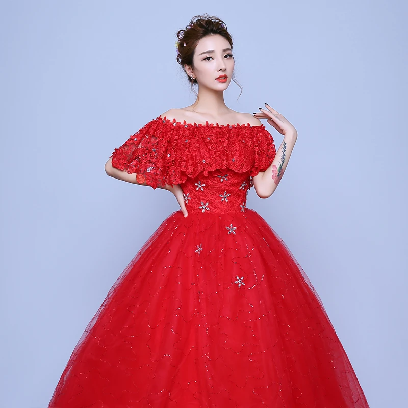 AnXin SH Princess vintage flower red luxury beading crystal boat neck ruffles lace ball gown white customized wedding dress