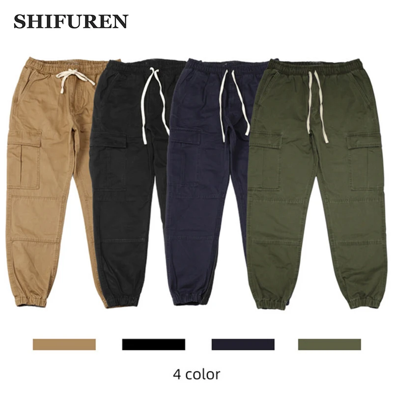 

SHIFUREN Cotton Overalls Men Cargo Pants Multi Pockets Military Trousers Loose Elastic Waist Male Casual Joggers Pantalon Homme