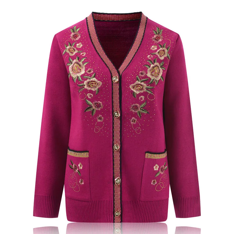 Middle-aged Elderly Women Sweater Cardigan Coat New Autumn  Winter Jacket Long-sleeved Embroidery knitt Sweater Female Tops R616