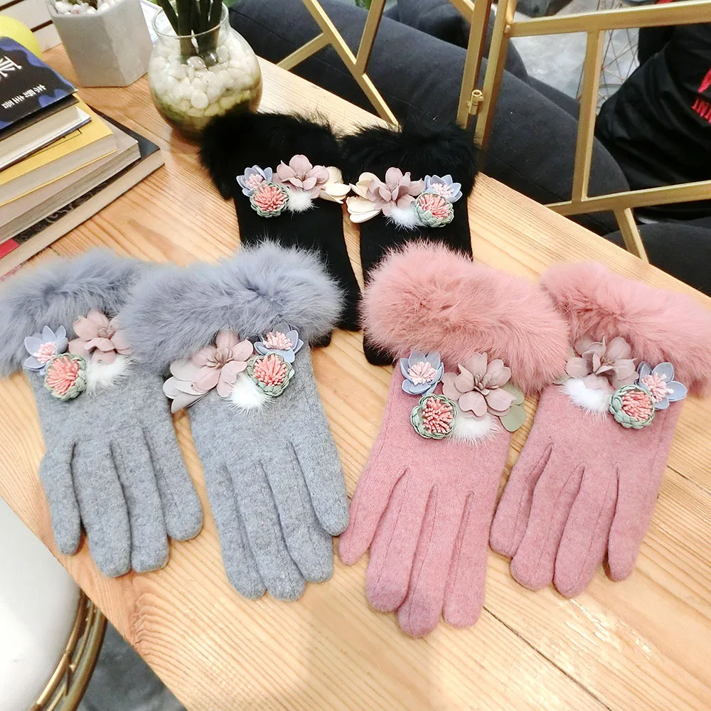 Gants chauds en fourrure de vison pour femmes, fourrure de lapin, bouche de fleurs, boule de laine, mode coréenne, doigt épaissi, automne et hiver