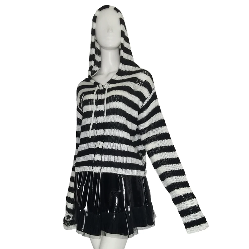 Y2k Girl Zipper Hollow Out Sweaters Gothic Lady Striped Cardigan Short Hooded Sweater Autumn Long Sleeve Black Red Knitted Top