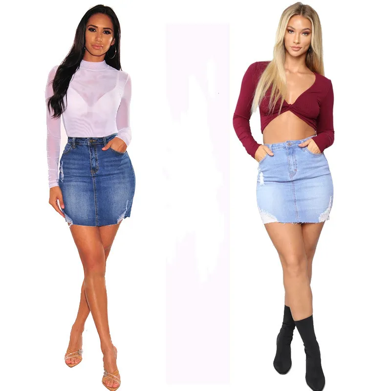 2022 New Summer Clothing Women's Ripped Denim Short Skirt Fashion Sexy Skinny Stretch Jeans Mini Skirt S-2XL Drop Shipping