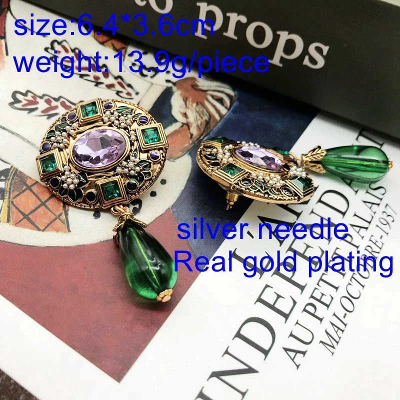 Ethnic Stud Earrings Exaggerate Statement Green Teardrop Pendant Piercing Jewelry Vintage Accessories