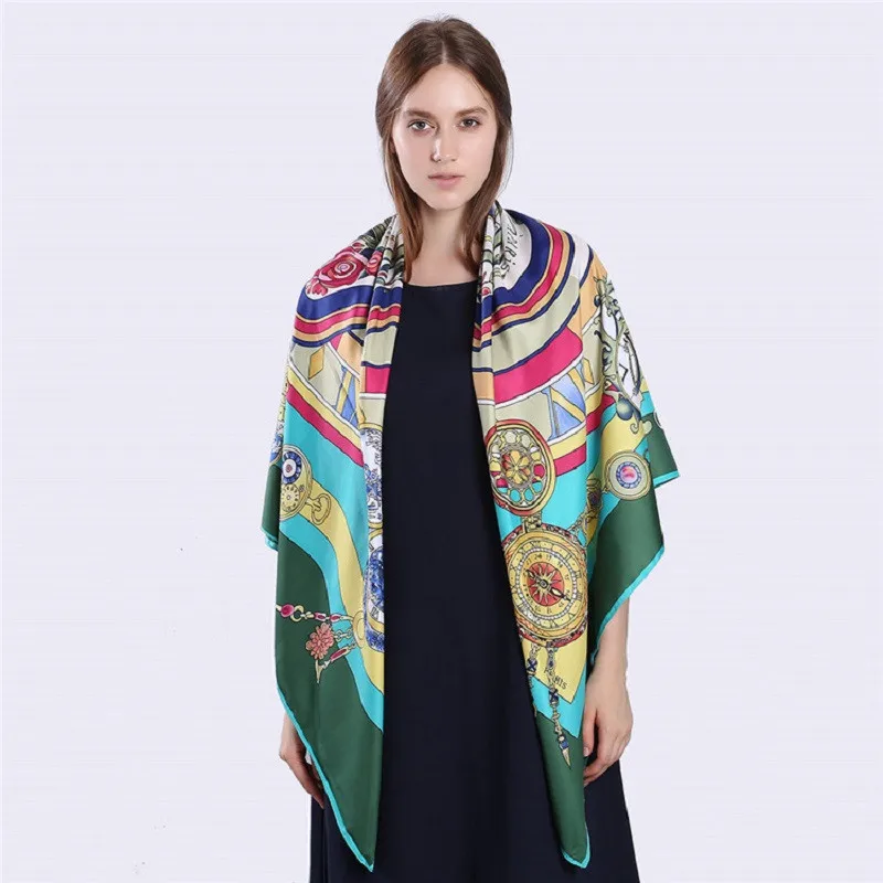 POBING 100% Twill Silk Scarf Women Square Scarves Brand Large NecKerchief Watch Print Foulard High Quality Bandana Big Hijabs