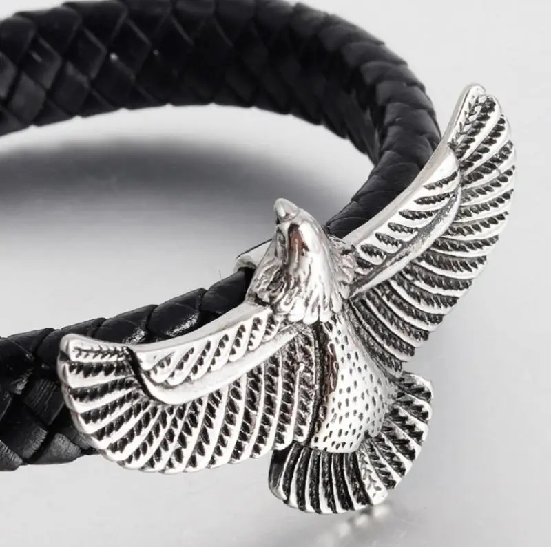 Vintage Eagle Bracelet for Men Black Leather Hand Band with Magnetic Clasp