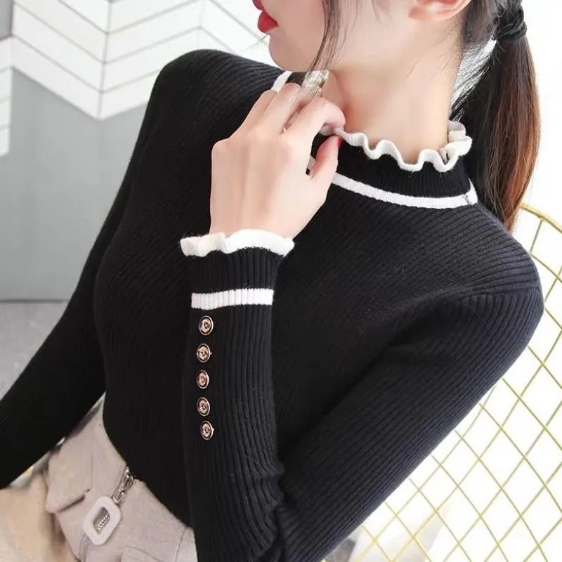 Autumn Winter New Sweater Women Solid Striped Knitted Sweater Pullovers Square Collar Long Sleeve Tops O-neck Basic Office 2020