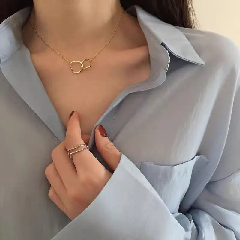 Gold Color Geometric Double Circle Pendant Necklace For Women Minimalism New Design Irregular Clavicle Chain Necklace Jewelry