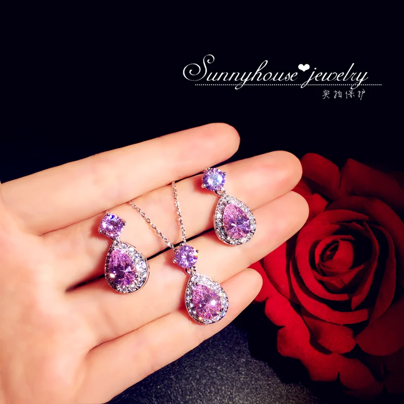 

CC ожерелье и серьги комплект для женщин аксессуары для свадебной вечеринки обручальные комплекты ювелирных изделий свадебное колье розового цвета S013