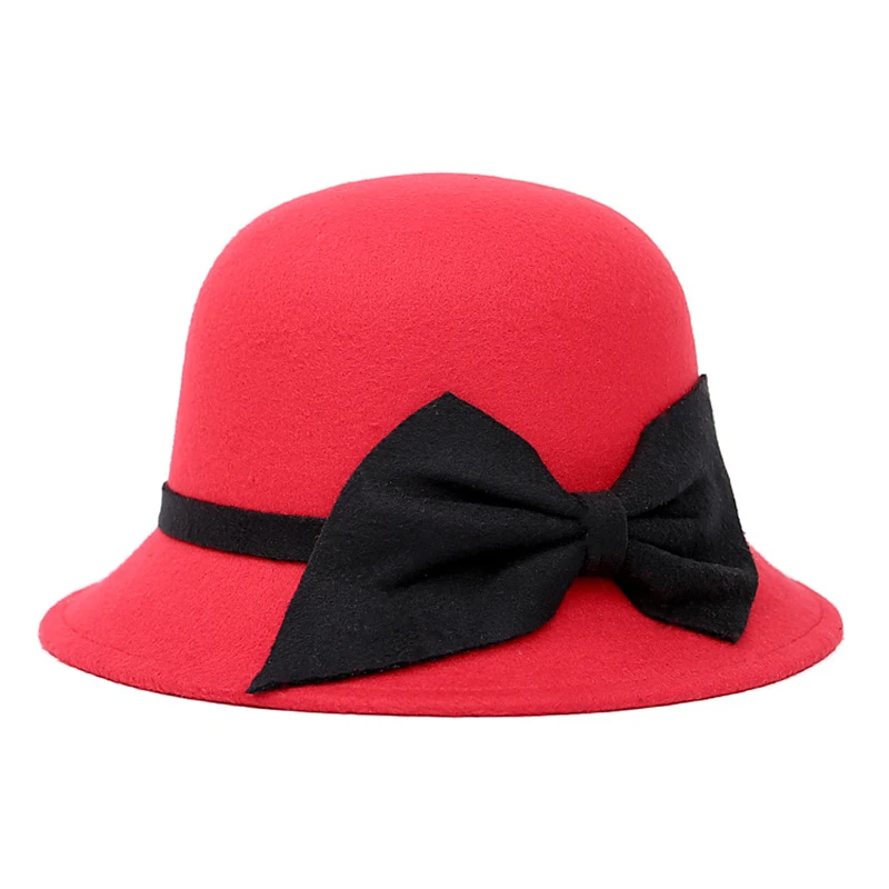 Women Men Black Red Patchwork Wool Felt Jazz Fedora Bowknot Hat Unisex Thick Panama Style Party Trilby Cowboy Dress Wedding Cap