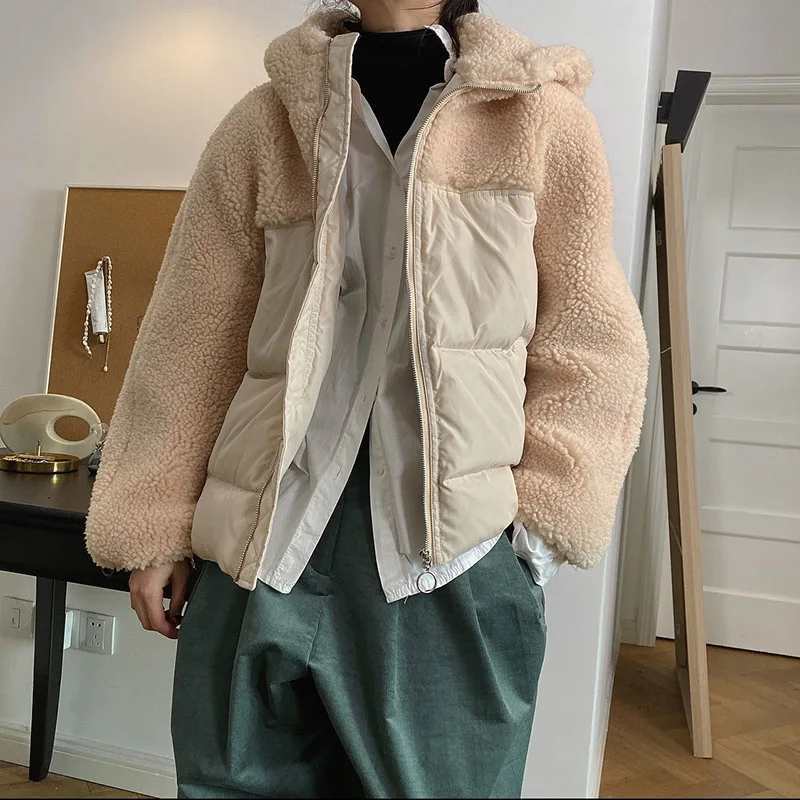 2021 Women Winter New White Duck Down Lamb Wool Stitching Hooded Warm Jacket For Ladies Hooded Loose Thickening Short Coat