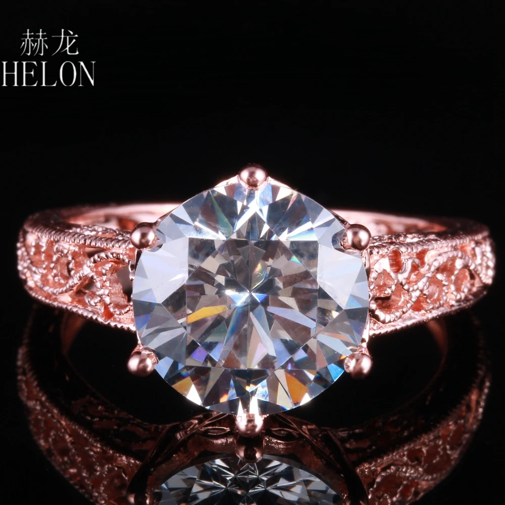 

HELON Sterling Silver 925 Round 10mm AAA Graded Cubic Zirconia Vintage Filigree Engagement Ring Trendy Fine Jewelry Women Ring