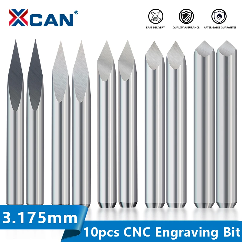 XCAN CNC Engraving Bit 3 Edge Pyramid Engraving Bits 10pcs 3.175mm Shank 20-90D Carbide End MillCNC Router Bit Milling Cutter