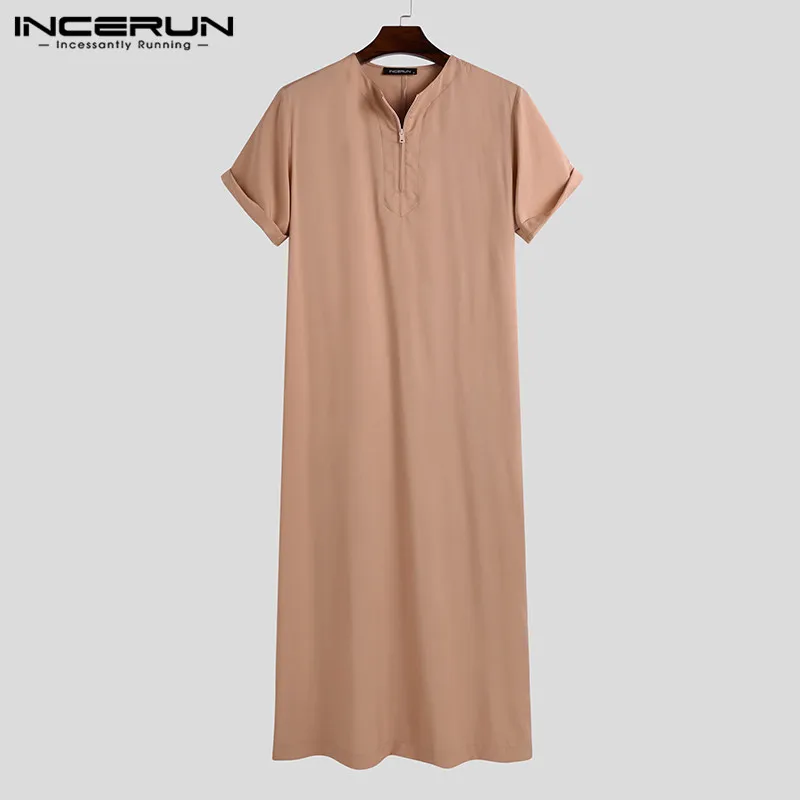 INCERUN-batas de caftán islámicas musulmanas para hombres, ropa informal de manga corta, cuello redondo, Jubba Thobe, Dubai, Arabia Saudita, Abaya, Color sólido