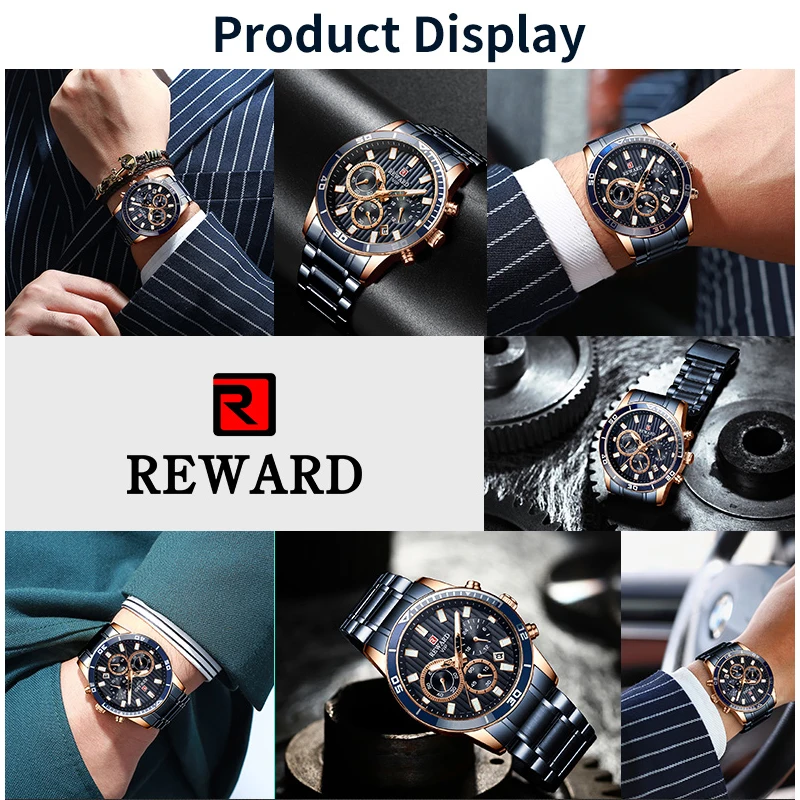 REWARD Men Quartz Watches Luxury Business Casual Wristwatch Stainless Steel Strap Chronograph Waterproof Wrist Watches for Male