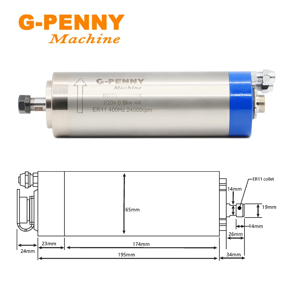 G-Penny 0.8KW Water Cooled Spindle Motor kit 4 Bearings 65mm & 1.5KW Inverter/VFD &75w Water Pump Collet