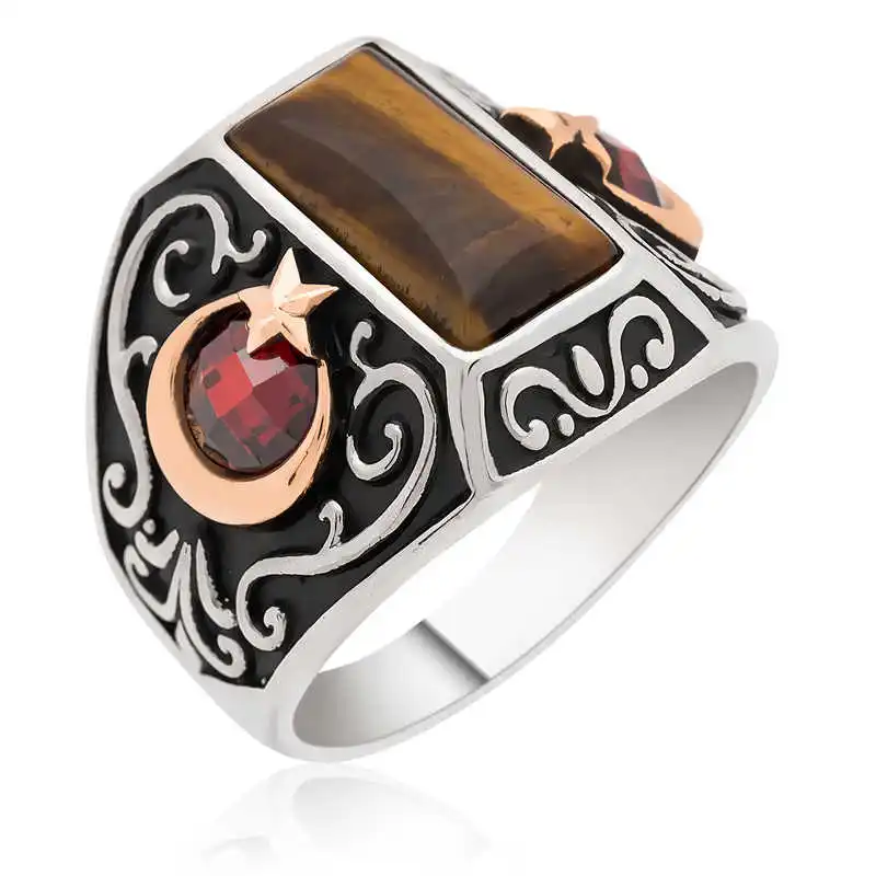 Silver Crescent Star Crest Tiger Eye Men's Ring - 925 Sterling Men's Jewelry Wedding Birthday Gift - Box - - Male - Fashion - Botiva - Size - Turkish - Patterned Embroidery