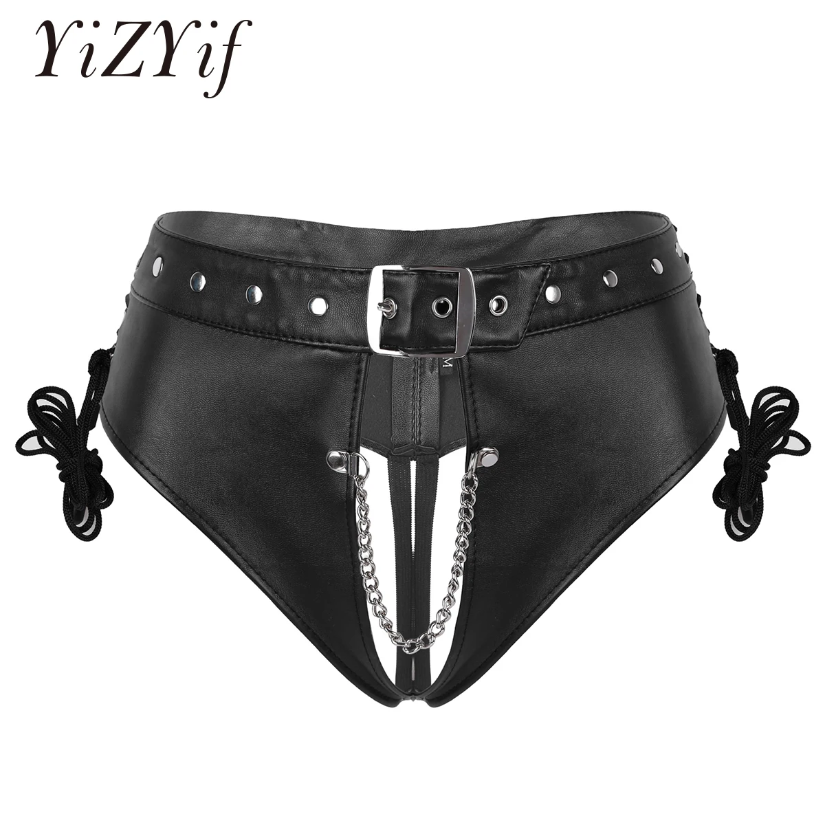 

#M-L Women PU Leather Crotchless Briefs Lingerie Underwear Punk Lace-up Underpants Nightclub Stage Performance Costume